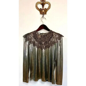 NWT Vintage San Andre Womens Gold Silver Lamé Crochet Lace Dynasty Blouse Size 6
